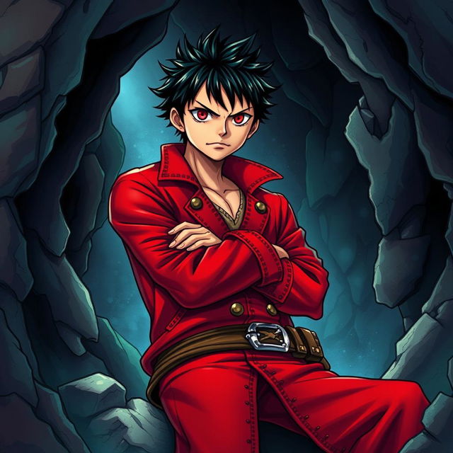 A vibrant light novel cover in the iconic One Piece art style, featuring a young adult male pirate with striking black hair and intense crimson red eyes