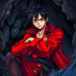 A vibrant light novel cover in the iconic One Piece art style, featuring a young adult male pirate with striking black hair and intense crimson red eyes