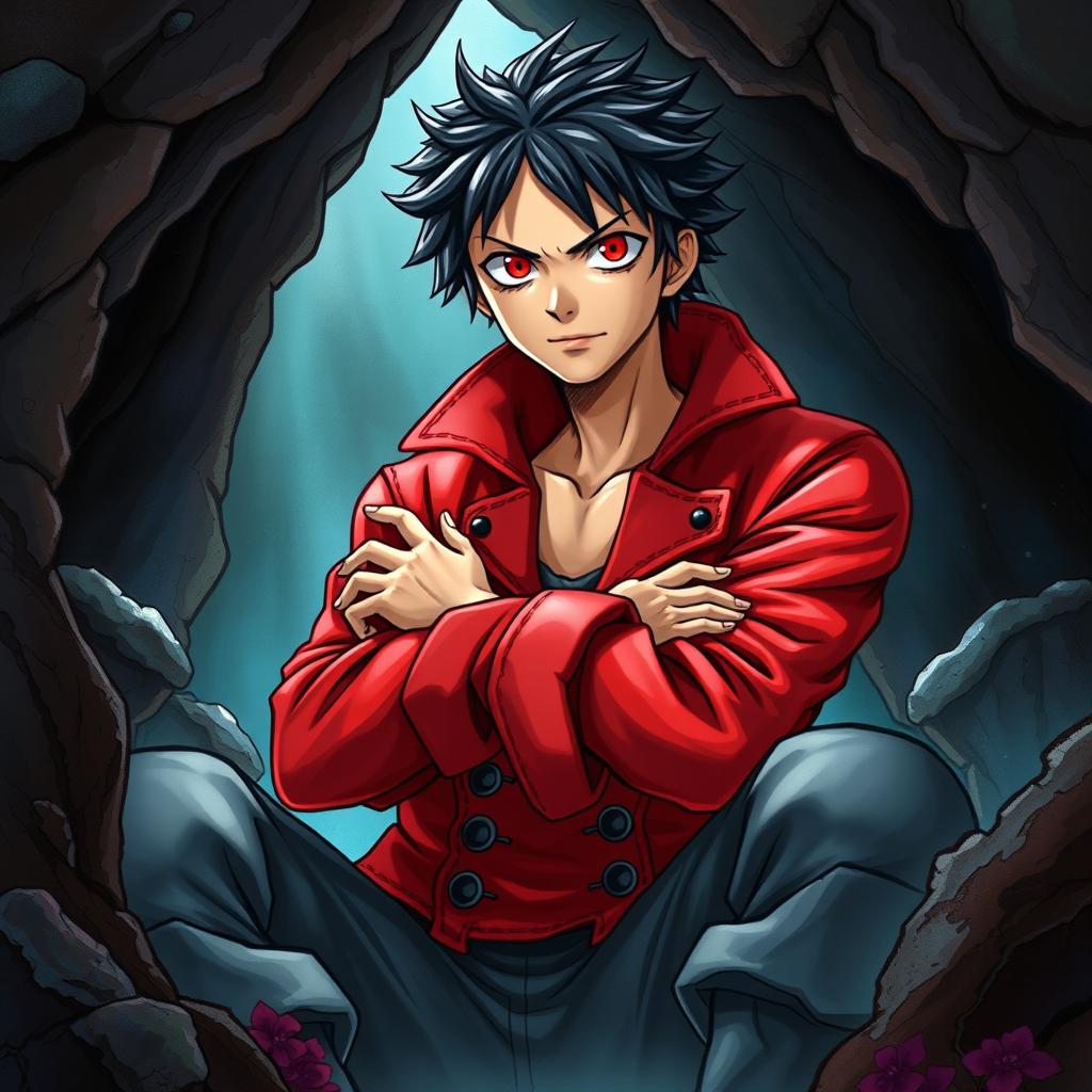 A vibrant light novel cover in the iconic One Piece art style, featuring a young adult male pirate with striking black hair and intense crimson red eyes