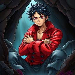 A vibrant light novel cover in the iconic One Piece art style, featuring a young adult male pirate with striking black hair and intense crimson red eyes