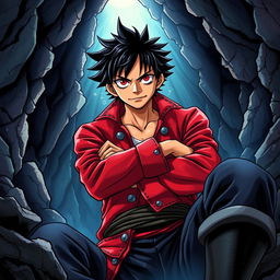A vibrant light novel cover in the iconic One Piece art style, featuring a young adult male pirate with striking black hair and intense crimson red eyes