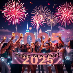 A joyful and festive New Year celebration scene for the year 2025
