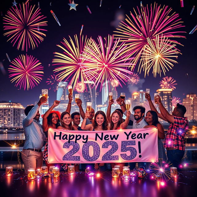 A joyful and festive New Year celebration scene for the year 2025