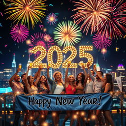 A joyful and festive New Year celebration scene for the year 2025
