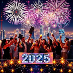A joyful and festive New Year celebration scene for the year 2025