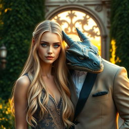 A luxurious scene featuring a young man and a dragon girl together in Italy