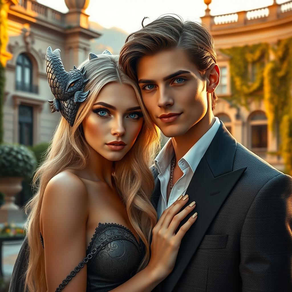 A luxurious scene featuring a young man and a dragon girl together in Italy