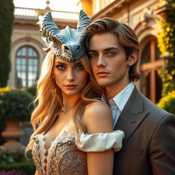 A luxurious scene featuring a young man and a dragon girl together in Italy