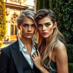 A luxurious scene featuring a young man and a dragon girl together in Italy