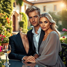 A luxurious scene depicting a young man and a young woman with striking blue eyes, blonde hair, and fair skin, enjoying each other's company in Italy