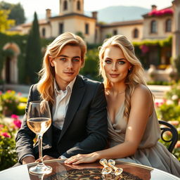 A luxurious scene depicting a young man and a young woman with striking blue eyes, blonde hair, and fair skin, enjoying each other's company in Italy