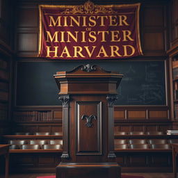 A beautifully crafted pulpit made of polished dark wood, standing in a prestigious lecture hall