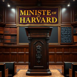 A beautifully crafted pulpit made of polished dark wood, standing in a prestigious lecture hall
