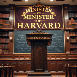 A beautifully crafted pulpit made of polished dark wood, standing in a prestigious lecture hall