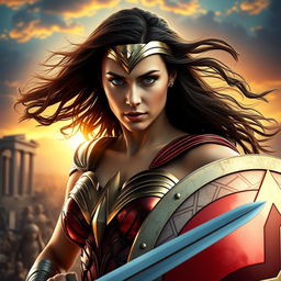 A stunning portrait of Gal Gadot embodying Wonder Woman, wearing her iconic armor featuring the distinctive red and gold colors, with a shining tiara and Lasso of Truth glowing at her side