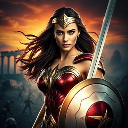 A stunning portrait of Gal Gadot embodying Wonder Woman, wearing her iconic armor featuring the distinctive red and gold colors, with a shining tiara and Lasso of Truth glowing at her side