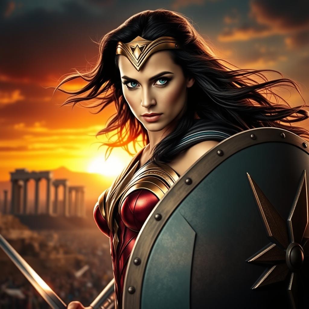 A stunning portrait of Gal Gadot embodying Wonder Woman, wearing her iconic armor featuring the distinctive red and gold colors, with a shining tiara and Lasso of Truth glowing at her side