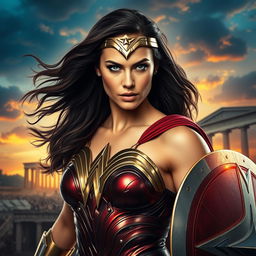 A stunning portrait of Gal Gadot embodying Wonder Woman, wearing her iconic armor featuring the distinctive red and gold colors, with a shining tiara and Lasso of Truth glowing at her side