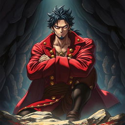 A captivating light novel cover in the One Piece art style, featuring an adult male pirate with distinct black hair and deep crimson red eyes