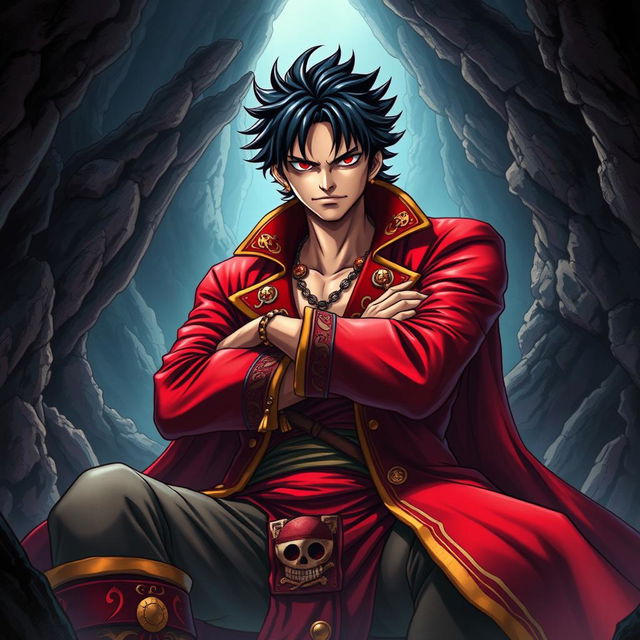 A captivating light novel cover in the One Piece art style, featuring an adult male pirate with distinct black hair and deep crimson red eyes