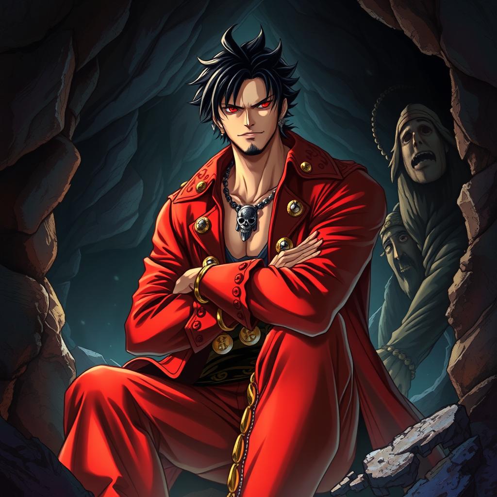 A captivating light novel cover in the One Piece art style, featuring an adult male pirate with distinct black hair and deep crimson red eyes