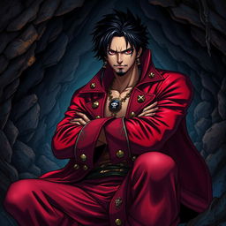 A captivating light novel cover in the One Piece art style, featuring an adult male pirate with distinct black hair and deep crimson red eyes