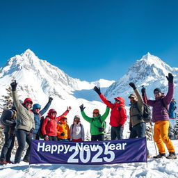 A stunning scene celebrating New Year 2025 at a snowy mountain landscape