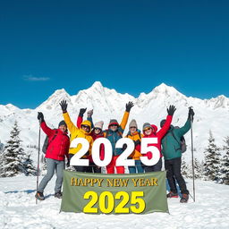 A stunning scene celebrating New Year 2025 at a snowy mountain landscape