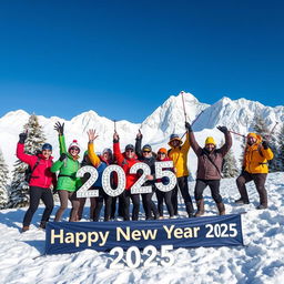 A stunning scene celebrating New Year 2025 at a snowy mountain landscape