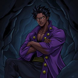 An illustration in the One Piece art style, featuring an adult black male pirate with black hair and striking hazel eyes