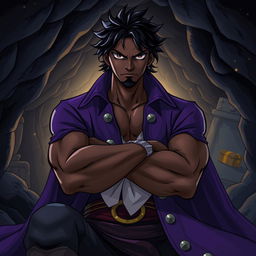 An illustration in the One Piece art style, featuring an adult black male pirate with black hair and striking hazel eyes