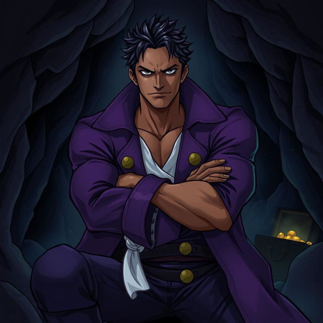 An illustration in the One Piece art style, featuring an adult black male pirate with black hair and striking hazel eyes