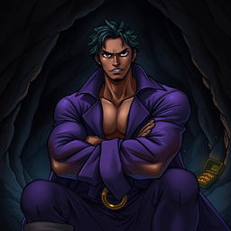 An illustration in the One Piece art style, featuring an adult black male pirate with black hair and striking hazel eyes