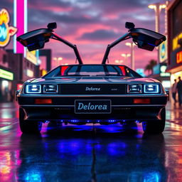 A futuristic silver chrome DeLorean named 'DeLorea,' with its iconic gull-wing doors open wide