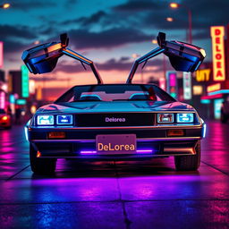 A futuristic silver chrome DeLorean named 'DeLorea,' with its iconic gull-wing doors open wide