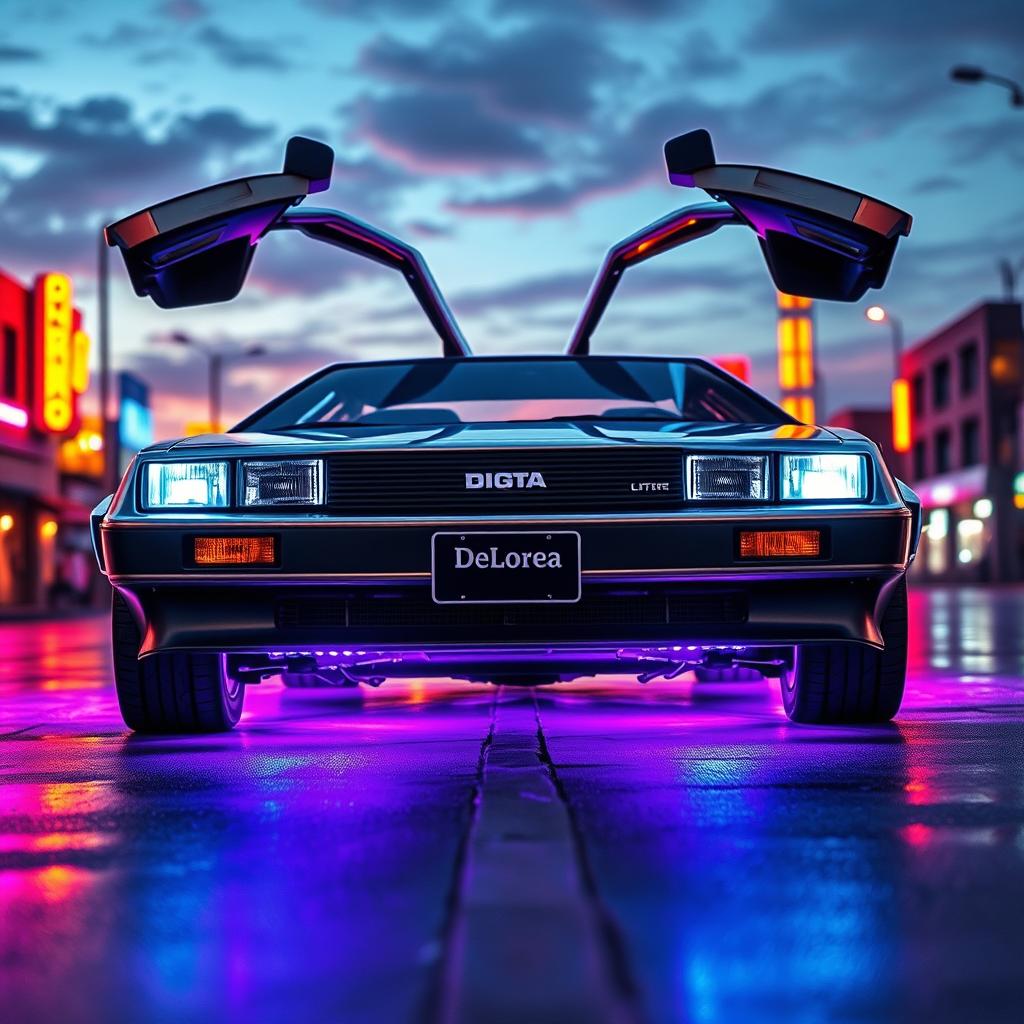 A futuristic silver chrome DeLorean named 'DeLorea,' with its iconic gull-wing doors open wide