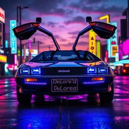 A futuristic silver chrome DeLorean named 'DeLorea,' with its iconic gull-wing doors open wide