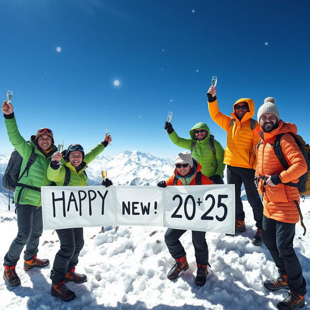 A joyful group of trekkers celebrating New Year's 2025 on a snowy mountain peak