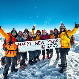 A joyful group of trekkers celebrating New Year's 2025 on a snowy mountain peak