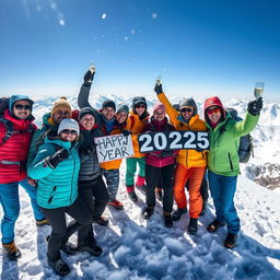 A joyful group of trekkers celebrating New Year's 2025 on a snowy mountain peak