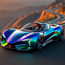 A unique design sports car with sleek, aerodynamic curves, vibrant metallic paint in shades of blue and green, featuring futuristic LED lights and a sculpted body