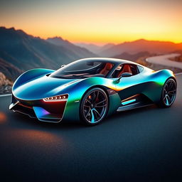 A unique design sports car with sleek, aerodynamic curves, vibrant metallic paint in shades of blue and green, featuring futuristic LED lights and a sculpted body