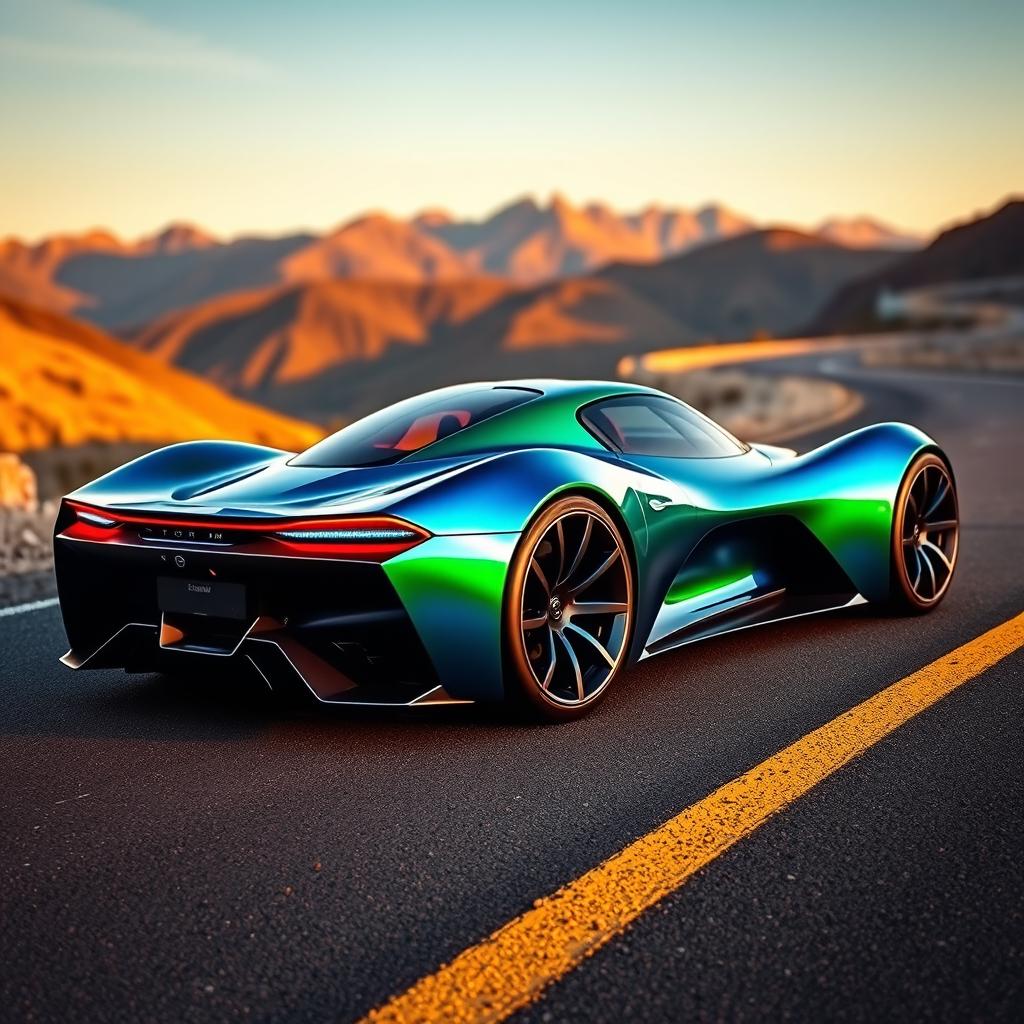 A unique design sports car with sleek, aerodynamic curves, vibrant metallic paint in shades of blue and green, featuring futuristic LED lights and a sculpted body