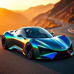 A unique design sports car with sleek, aerodynamic curves, vibrant metallic paint in shades of blue and green, featuring futuristic LED lights and a sculpted body