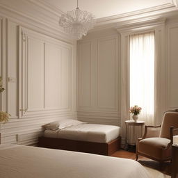 A bedroom designed in a neoclassical style, featuring short walls and a single, small window. The room is adorned with classic furnishings, elegant decor, and subtle light pouring through the window.