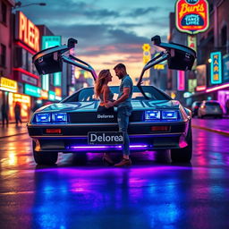 A futuristic silver chrome DeLorean named 'DeLorea,' with its iconic gull-wing doors open wide