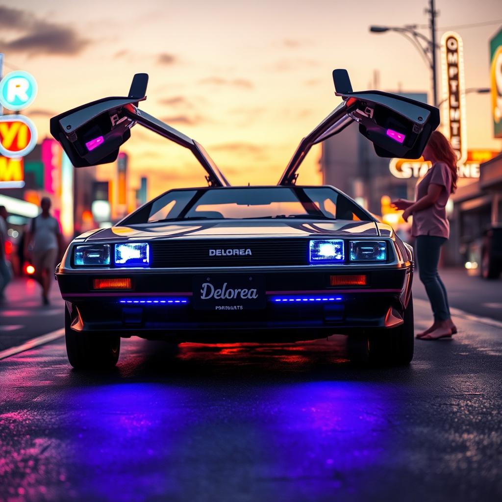 A futuristic silver chrome DeLorean named 'DeLorea,' with its iconic gull-wing doors open wide