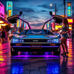 A futuristic silver chrome DeLorean named 'DeLorea,' with its iconic gull-wing doors open wide
