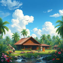 A beautiful scene depicting a traditional Malay village with lush greenery and palm trees