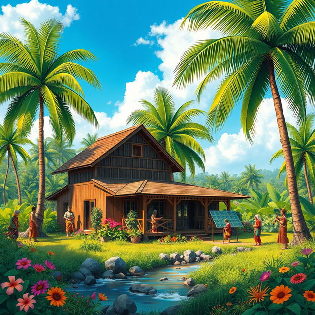 A beautiful scene depicting a traditional Malay village with lush greenery and palm trees